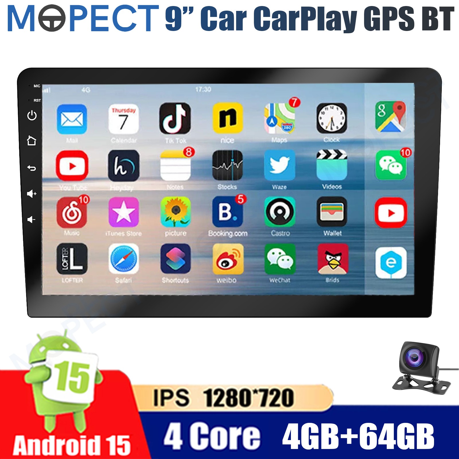 MOPECT 4+64GB 9″ Double 2 Din Android 15 Car Stereo Radio WiFi Carplay BT FM+AHD