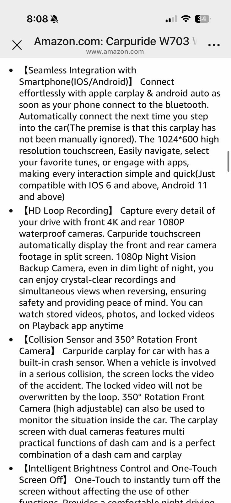 Carpuride W703 Wireless CarPlay for Apple CarPlay & Android Auto, 7″ Backup Cam