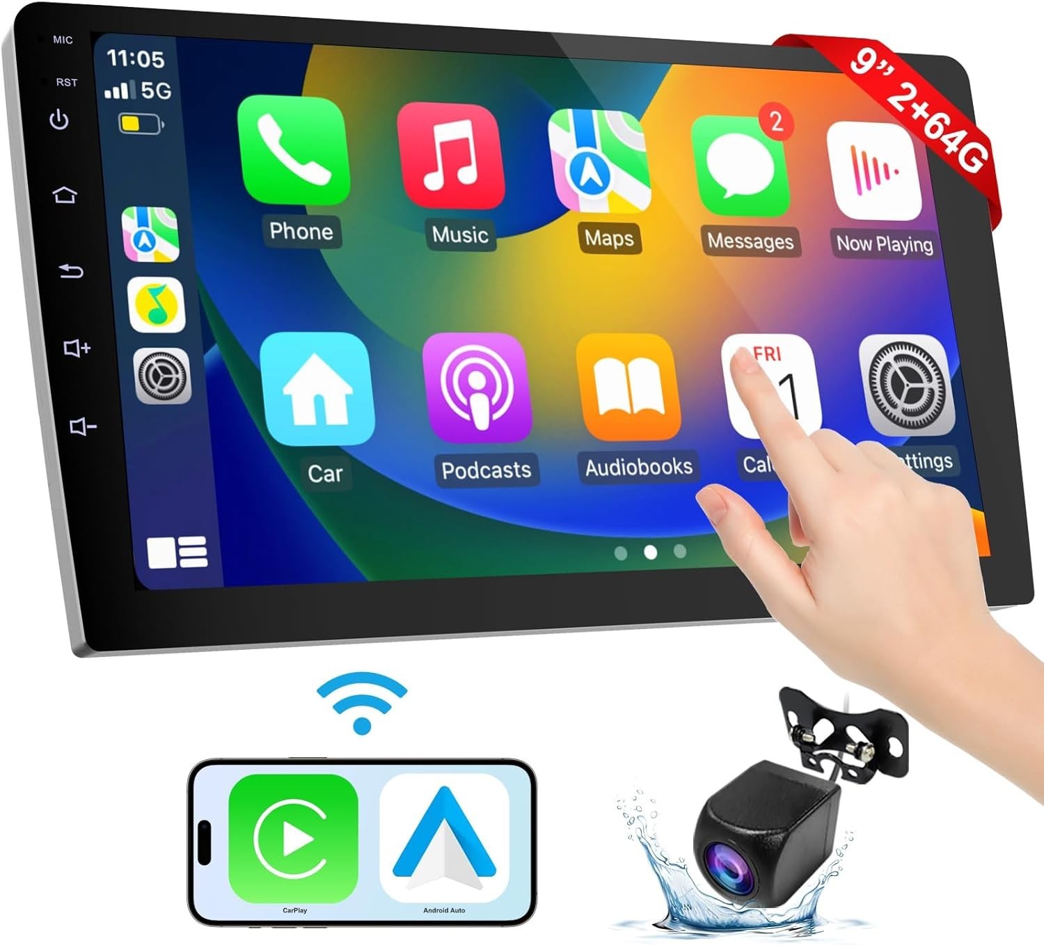 All-in-One 9” Carplay Screen with Wireless Android Auto & Backup Safety Camera