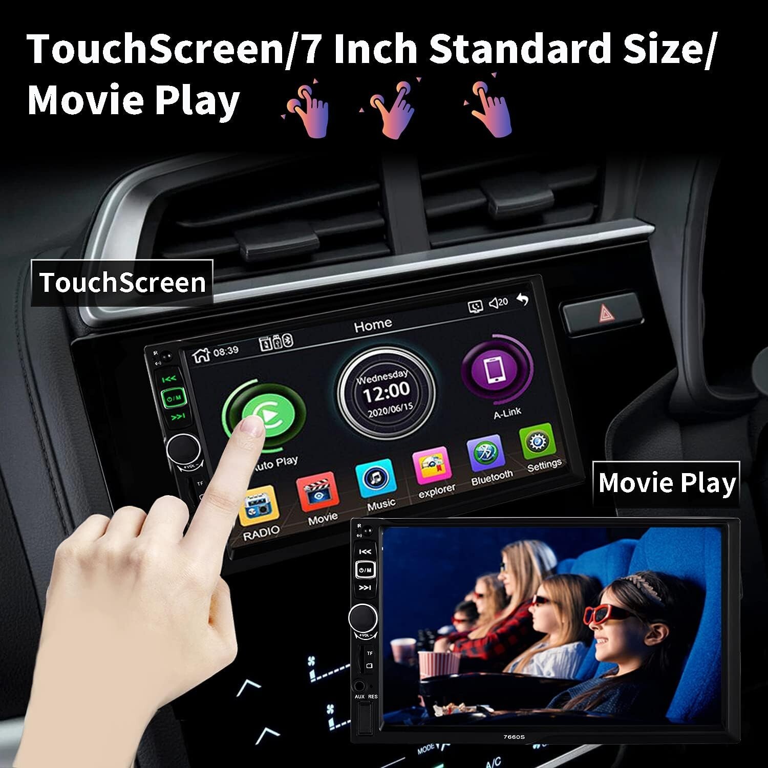 SANPTENT #7660 Double Din Car Stereo Radio 7″ Display works with Apple & Android
