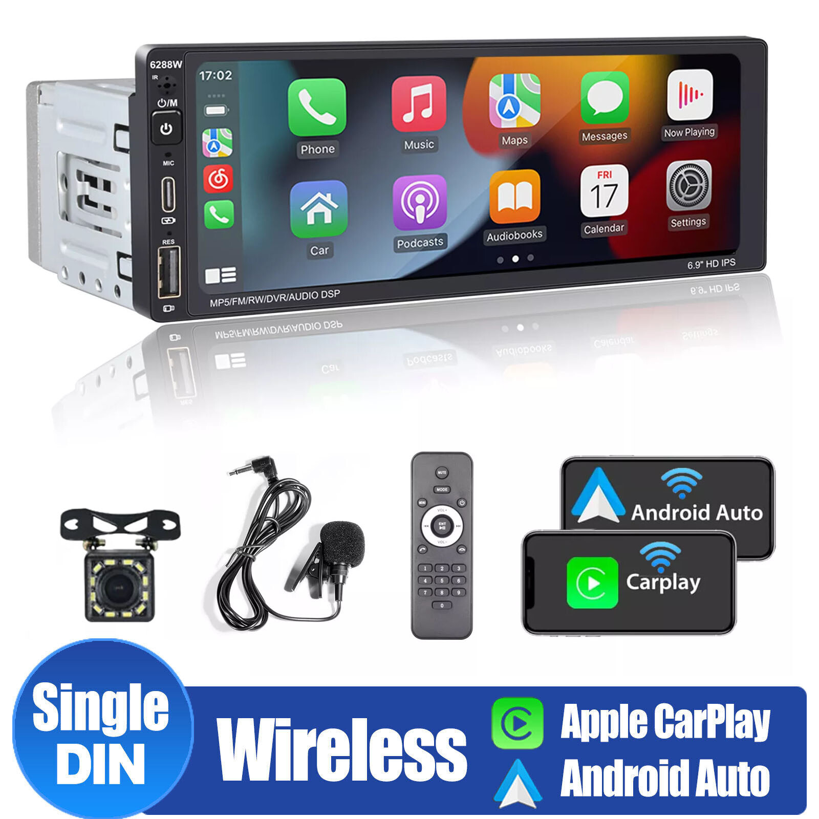 Single DIN 6.9″ Car Stereo Carplay/Android Auto Touch Screen Bluetooth FM Remote
