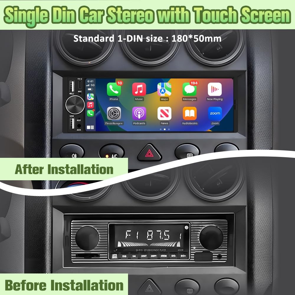 Pyniro 6.36″ Single Din Car Stereo with Wireless CarPlay & Android Auto, IPS…