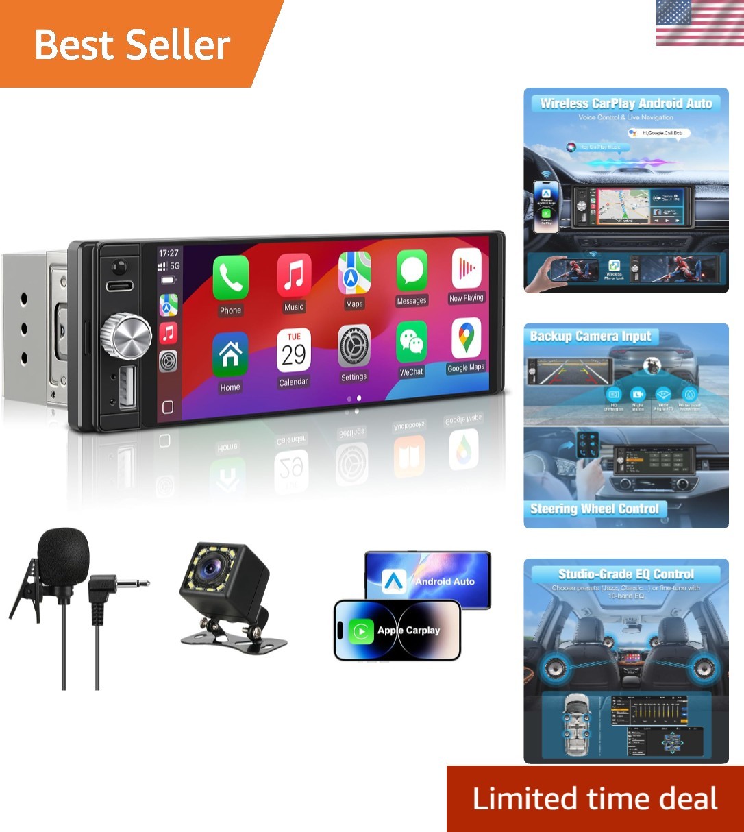 Single Din Car Stereo, 6.28″ HD Touch Screen Radio Wireless CarPlay Android A…