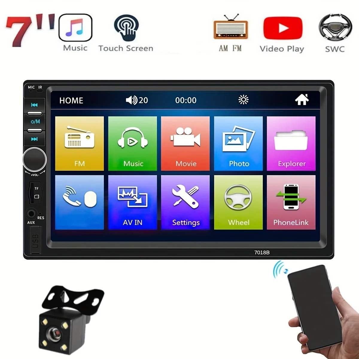 2 Din for 7” TFT HD Car MP5 Multimedia Player Audio Support Rear View Camera
