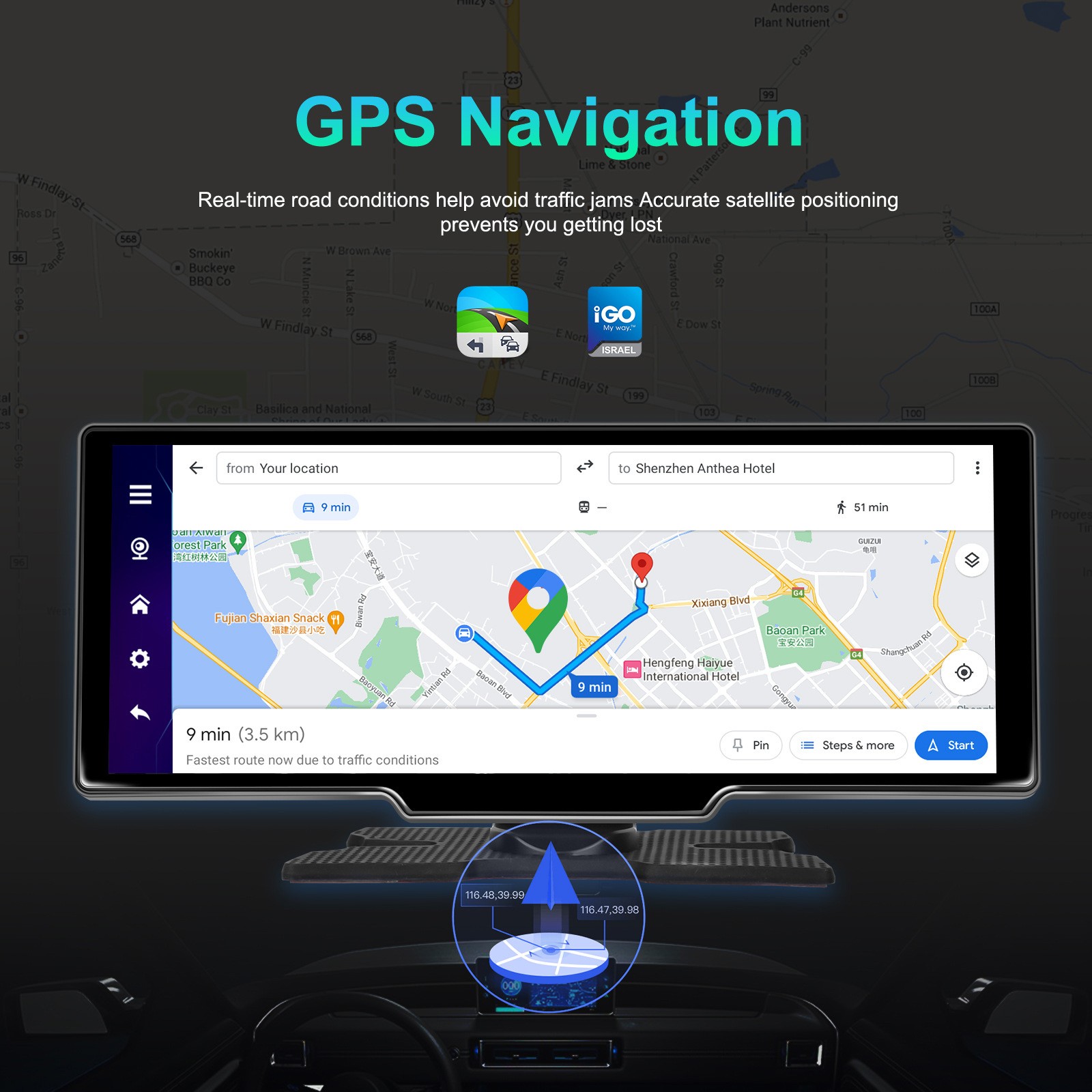 10.26″ Portable Bluetooth Car Navigation Wireless Carplay HD Large Touch Screen