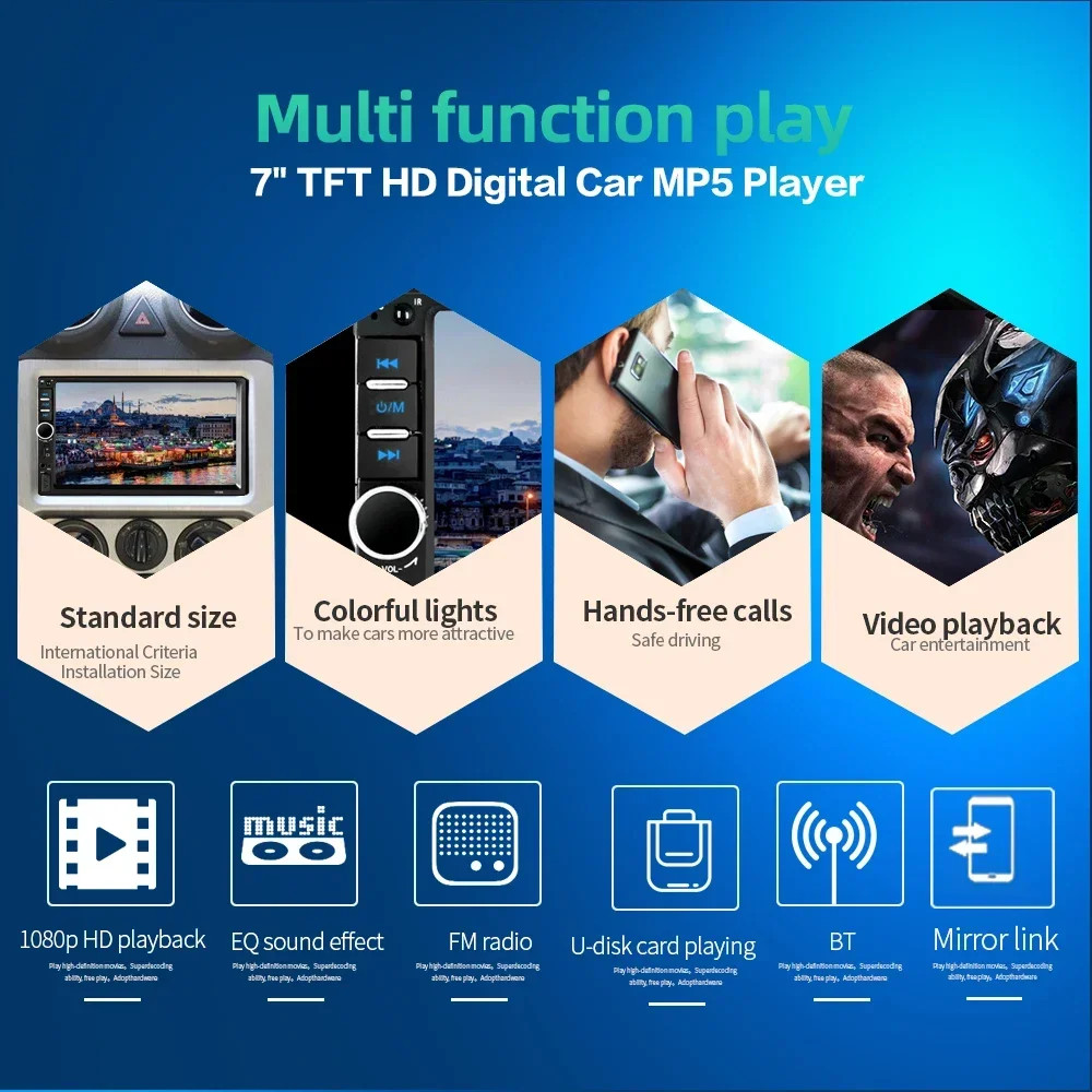 2 DIN 7″ HD Car Stereo FM Radio MP5 Player Bluetooth Touch Screen Rear Camera