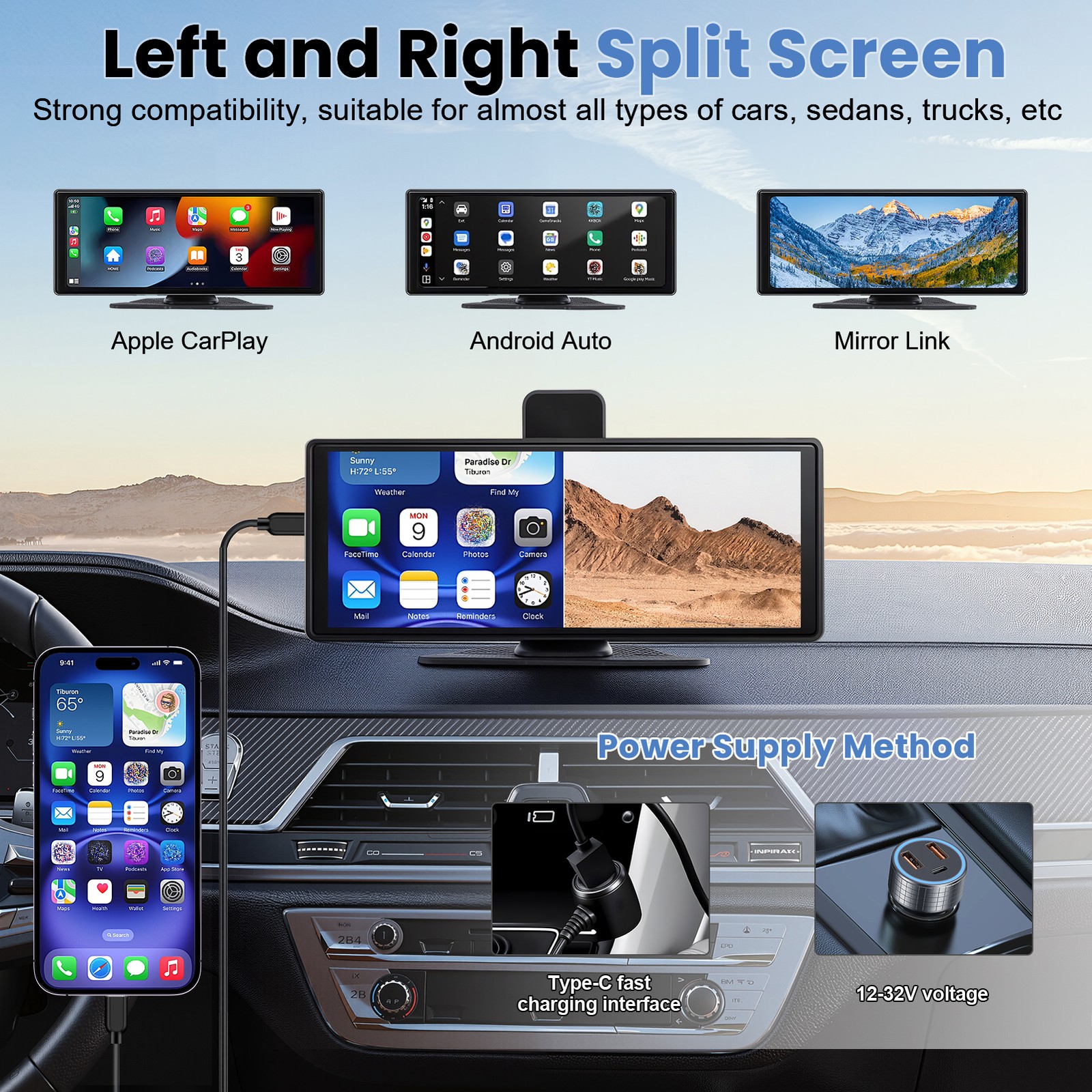 10.26 Inch Wireless Car Display Screen, Car Stereo Automobile Video Player