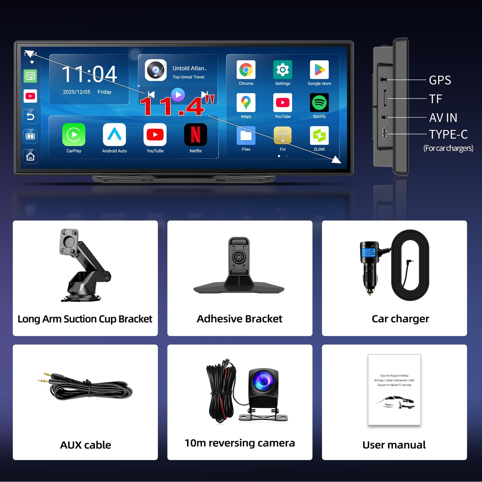 11.4″ Carplay Screen for Car with Android OS Built-in GPS Navigation Carplay …