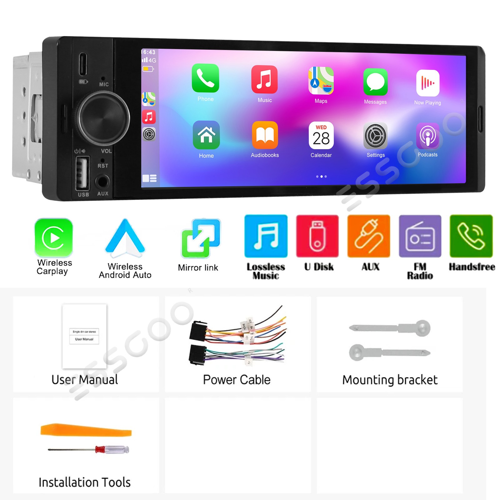 6.36 Inch Single 1 Din Car Stereo Radio Wireless CarPlay Touchscreen BT FM USB-C
