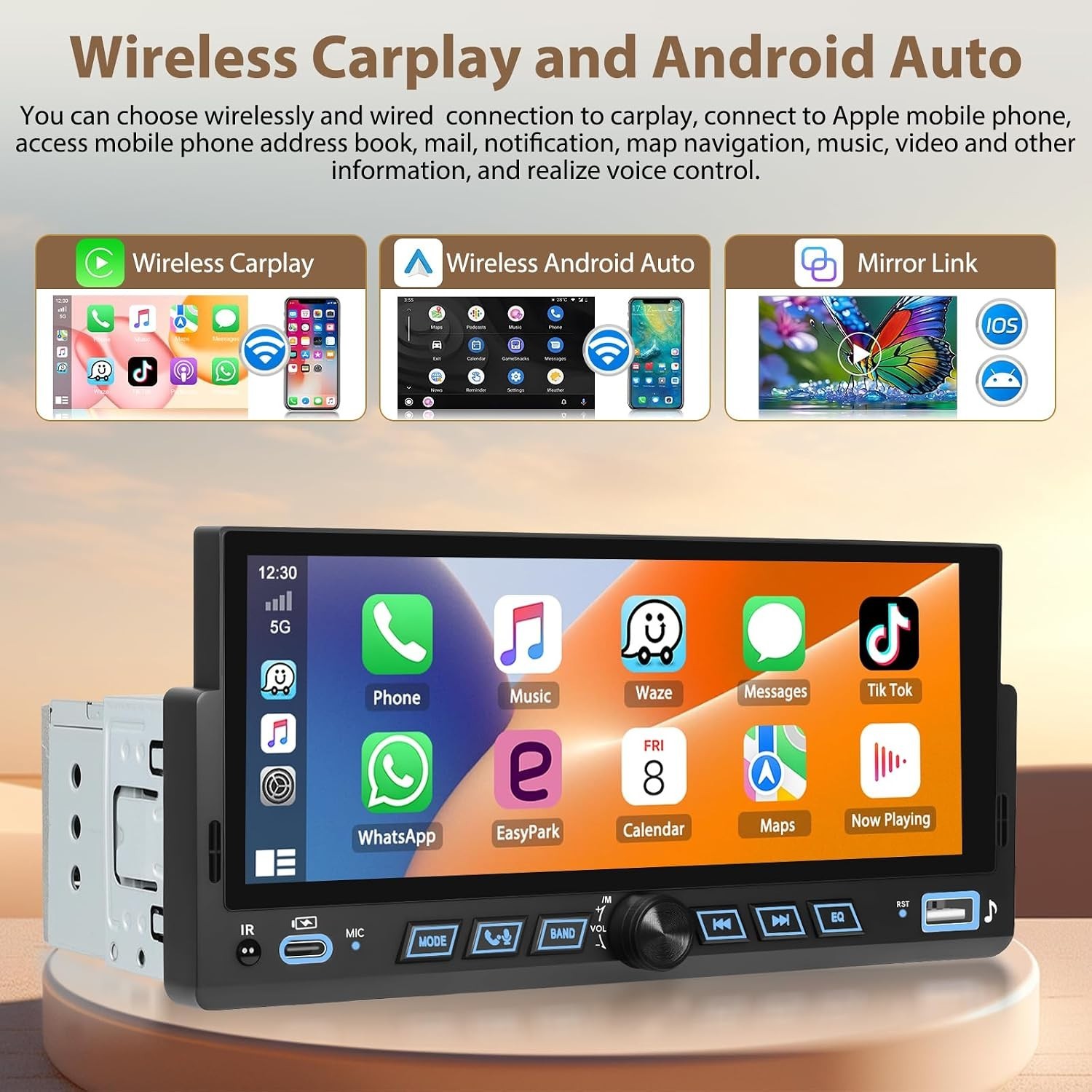 6.86″ Android CarPlay Stereo, Single Din Car Radio with Android Auto, HD Touc…