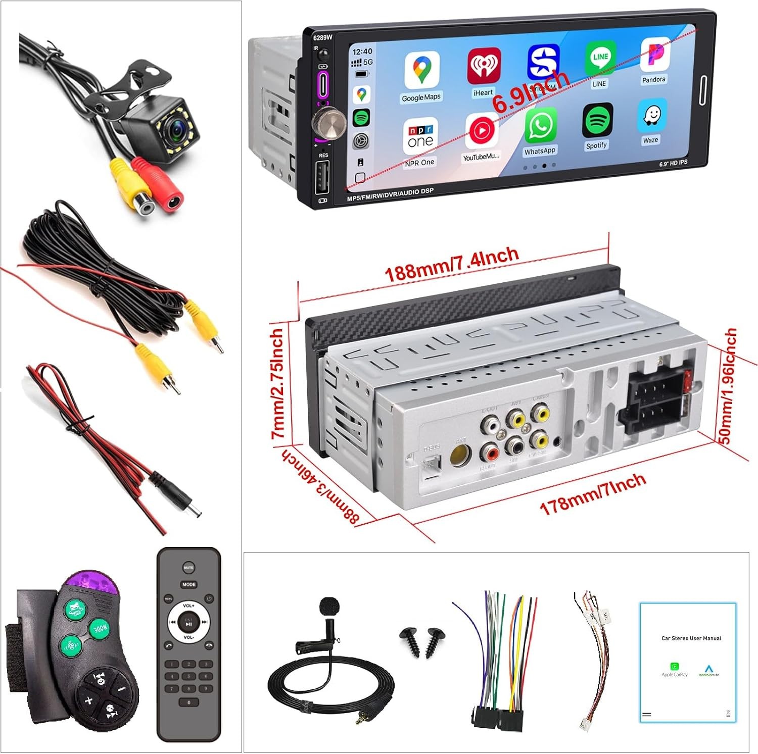 6.9″ Single DIN Car Radio with Wireless Apple Carplay, Car Bluetooth 5.2, AM FM