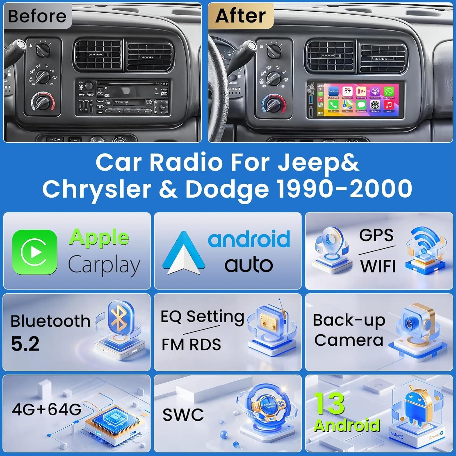 6.2″ 4+64G Android Auto Carplay for Dodge RAM Jeep G.Cherokee Chrysler 1990-2000