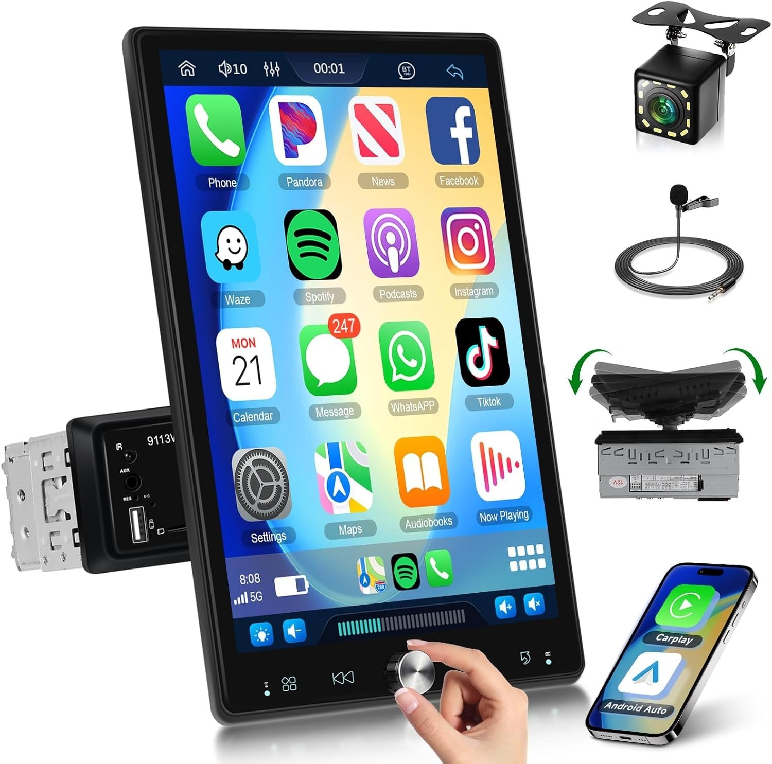 10.4 inch Single Din Car Stereo with Wireless Carplay Android Auto-2025 Upgra…