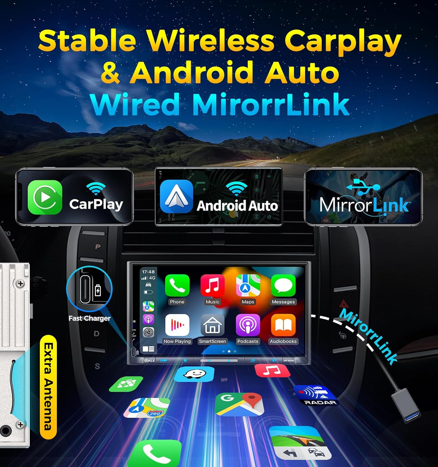PLZ 7″ Wireless Double Din Car Stereo Apple Carplay Radio QLED Screen for Car, A