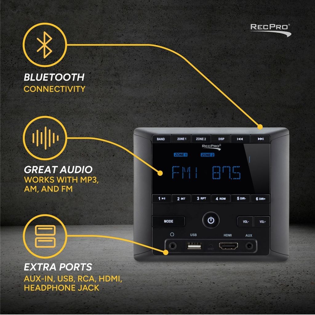RecPro RV Stereo AM/FM Radio/Bluetooth/Aux-In Sound System Receiver Wall Mount