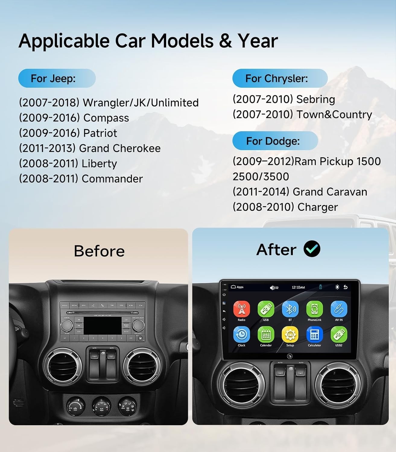 10.2″ Linux Android Auto Carplay for 2007–2018 Jeep Wrangler Dodge RAM Chrysler