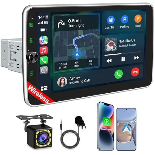 10.1 Inch Single DIN Car Stereo with Wireless CarPlay, Bluetooth 5.2, 720×1280