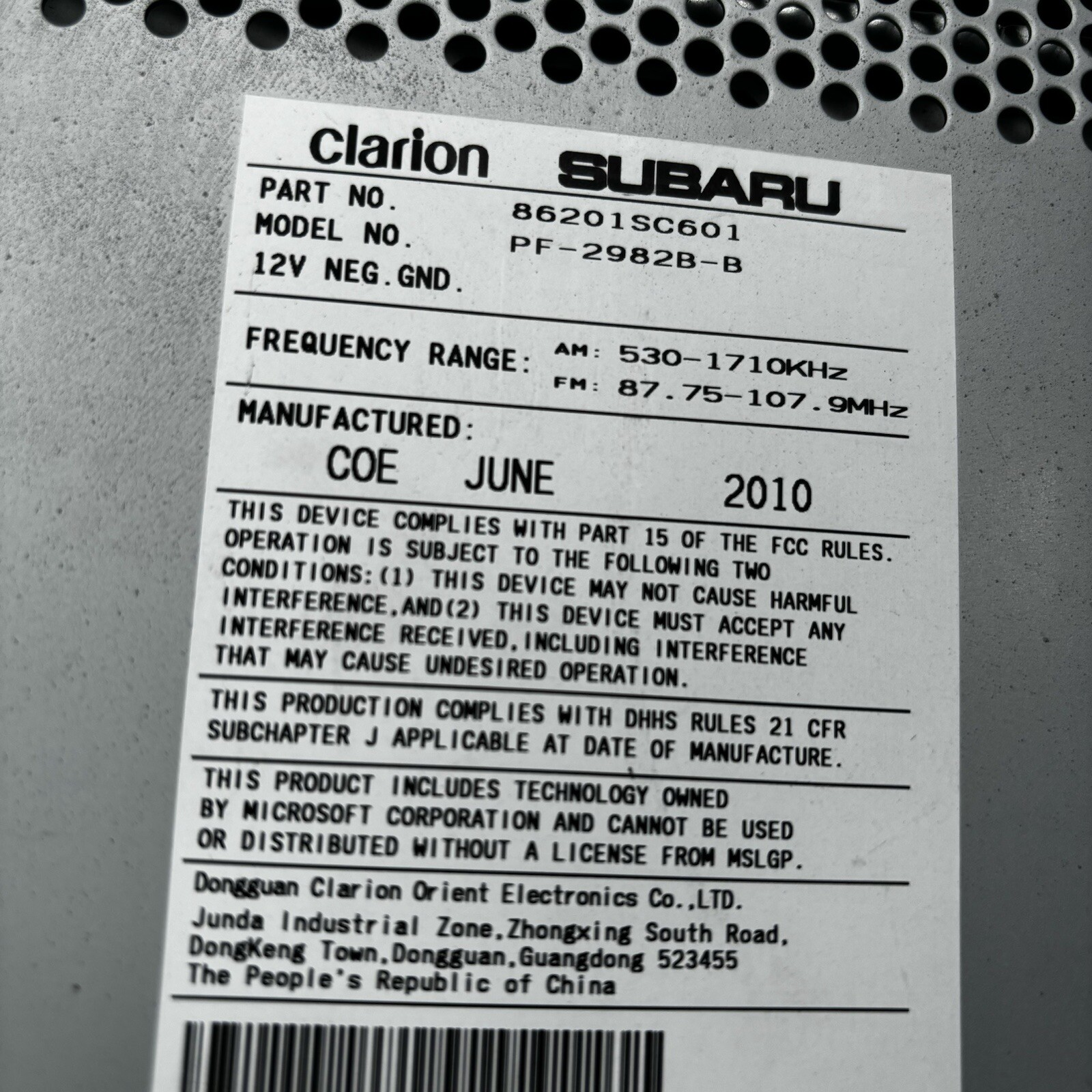 Subaru Clarion Radio Stereo CD Player – 86201SC601 PF-2982B-B