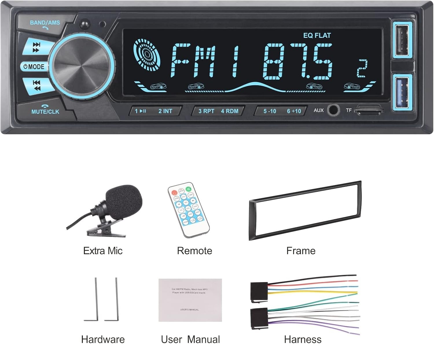 Single DIN Bluetooth Car Stereo – Fast Charging, AUX Input & APP Functionality