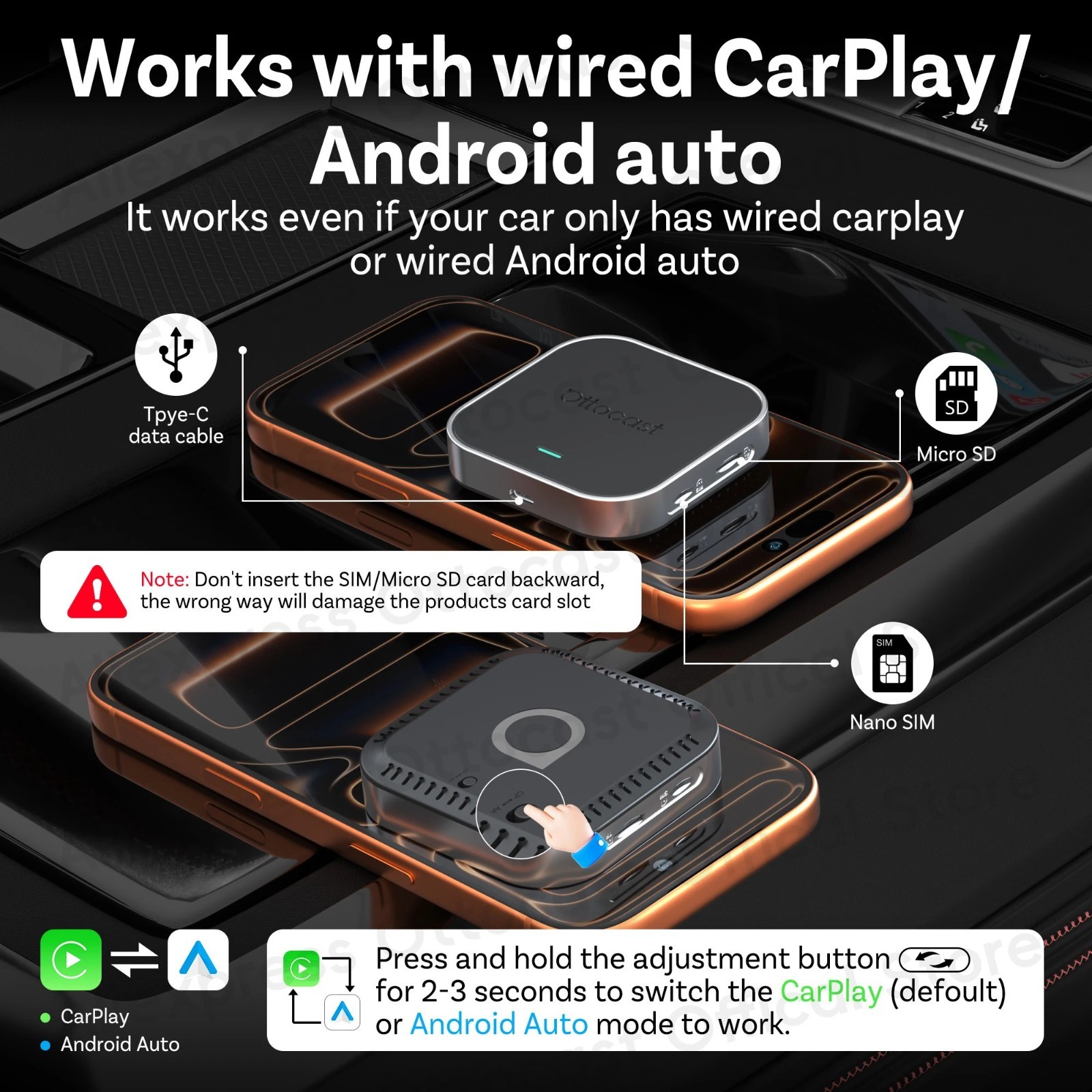 OTTOCAST E2 Video Palyer Ai Box Wireless CarPlay Adapter Android w/YT+TK+APP