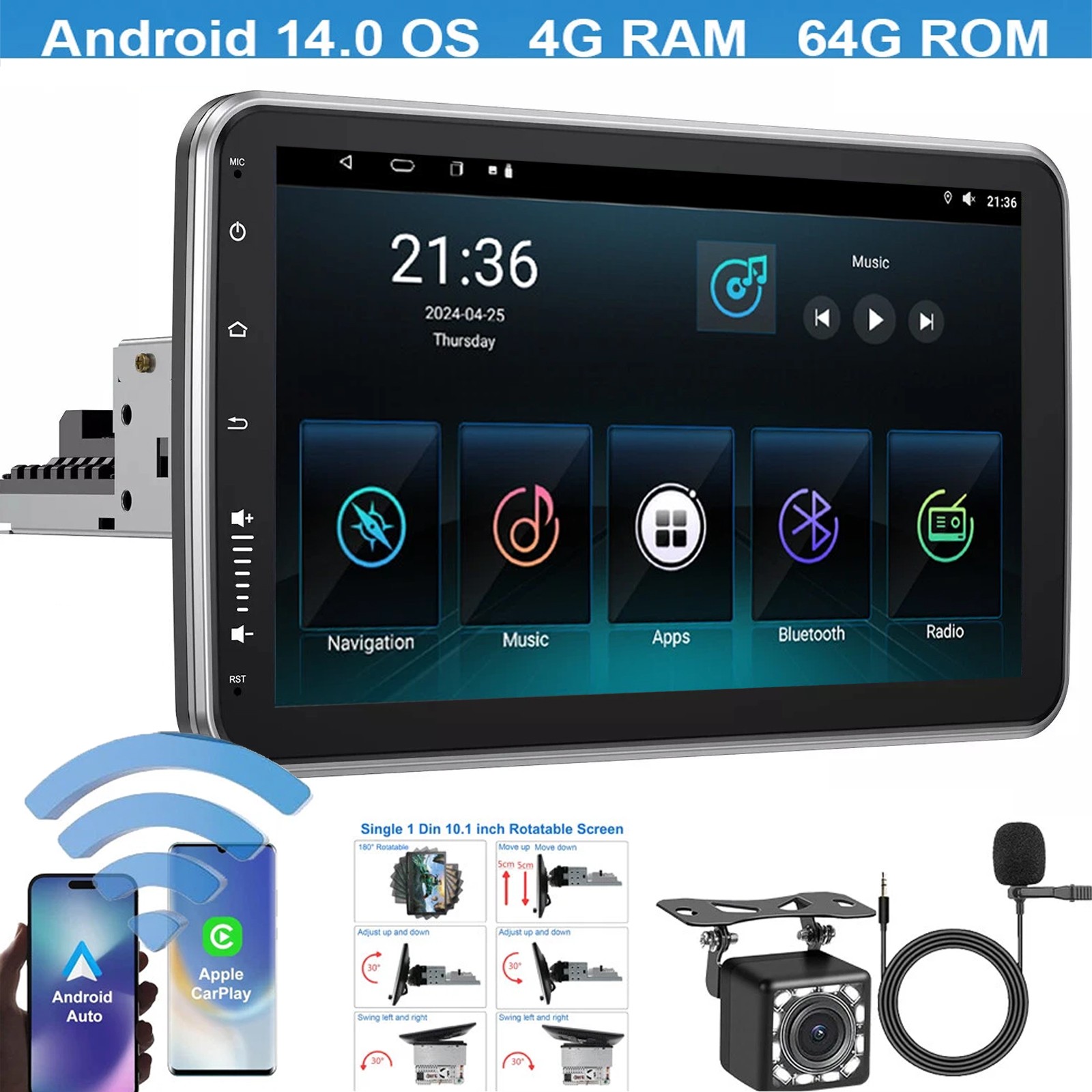 10.1 inch Touch Screen 1 DIN Android 13 Rotatable Car Stereo Radio GPS Navi Wifi