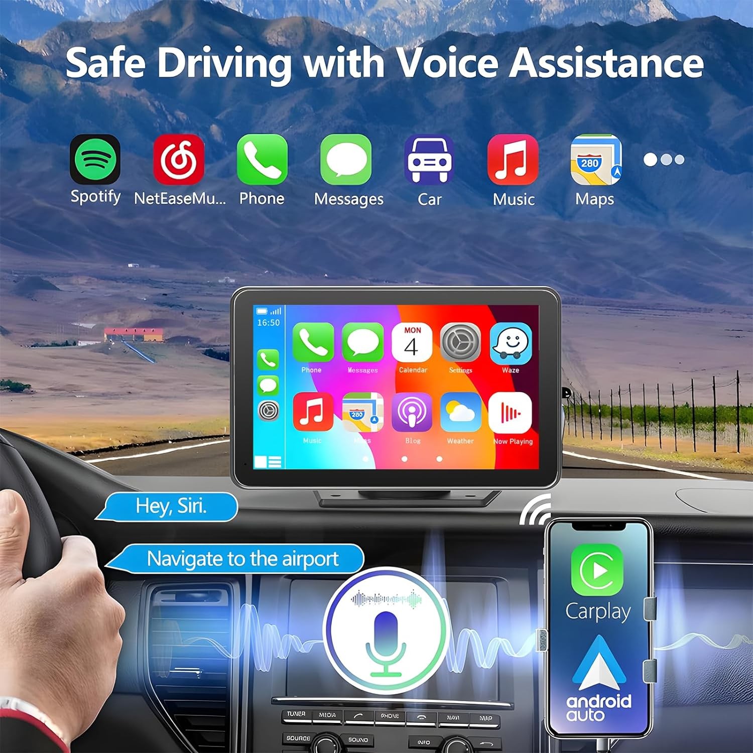 7″ Wireless Carplay with Backup Camera, Bluetooth GPS Voice Control for All Cars