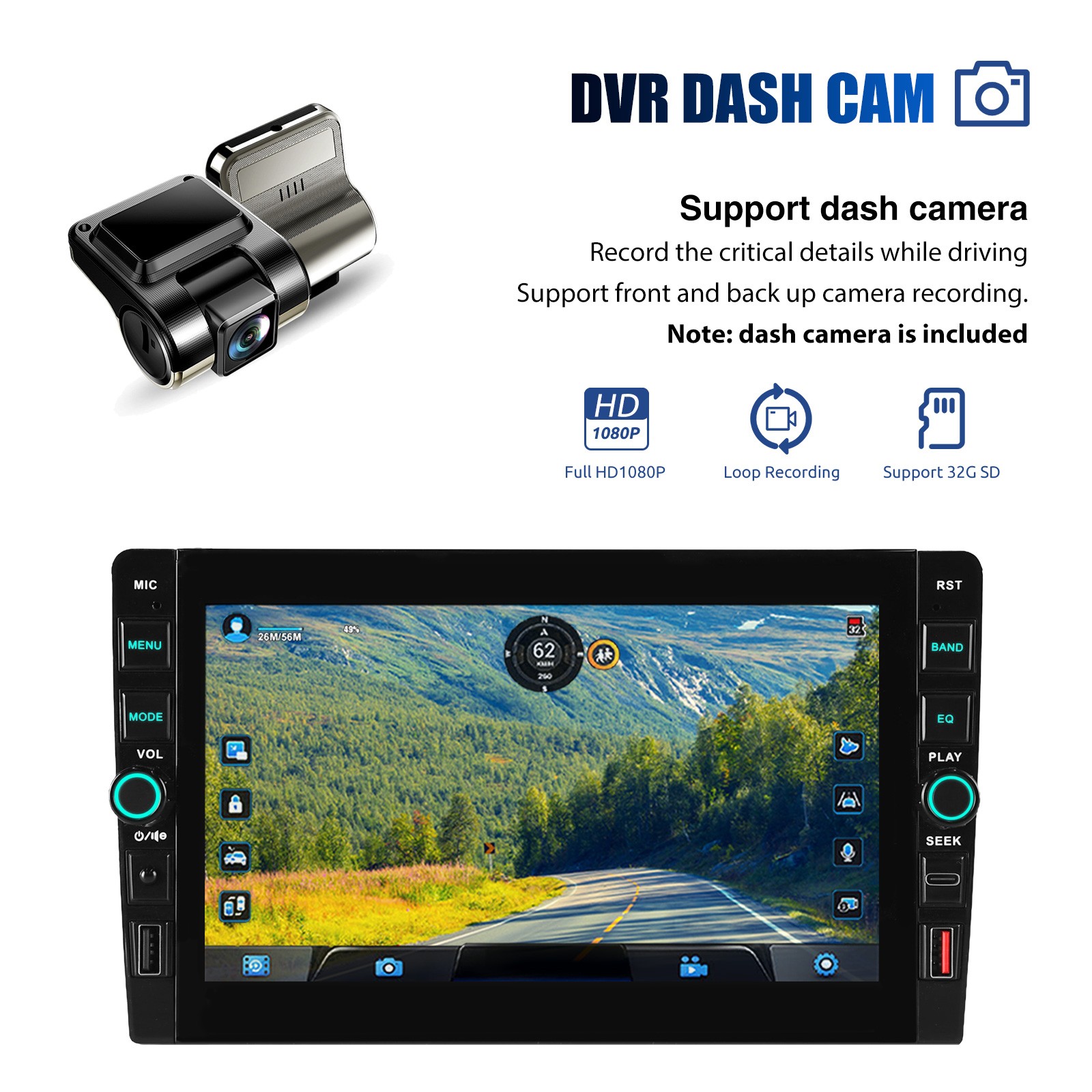 DVR&AHD+ 8″ Car Stereo Radio 2DIN Android 15 Carplay 4+64G GPS Navi USB BT WiFi