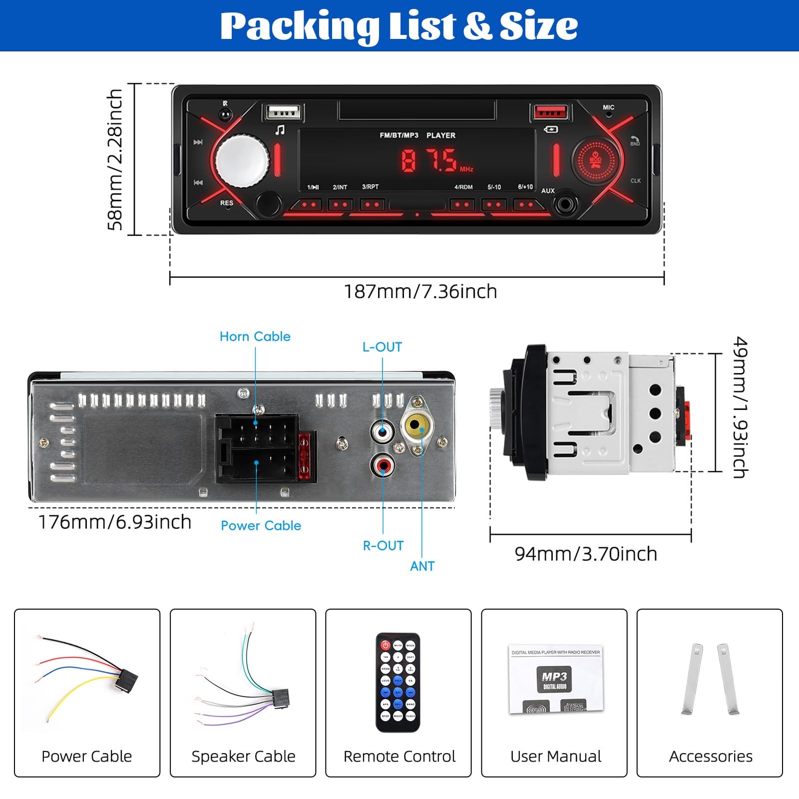 Single Din Bluetooth Multimedia Car Stereo Radio,Car Audio MP3 Player Support…