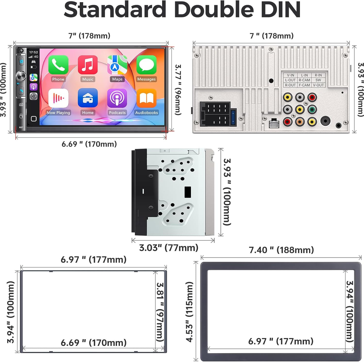 7″ Double Din Car Stereo, Wireless Apple Carplay & Android Auto, HD Touchscreen,