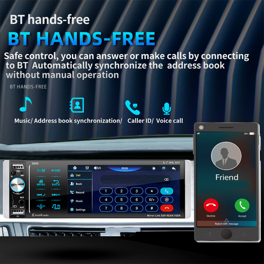 Single Din 5.1in Car Stereo Radio MP5 Player Touch Screen Mirror Link Bluetooth