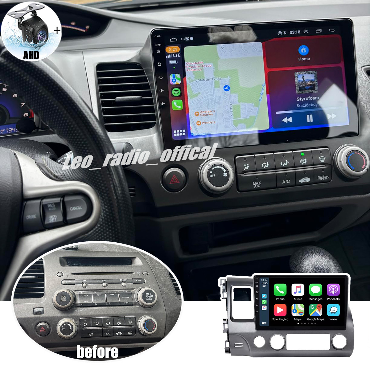 For Honda Civic 2006-2011 4+64G Apple CarPlay Auto Android Car Radio Stereo Wifi