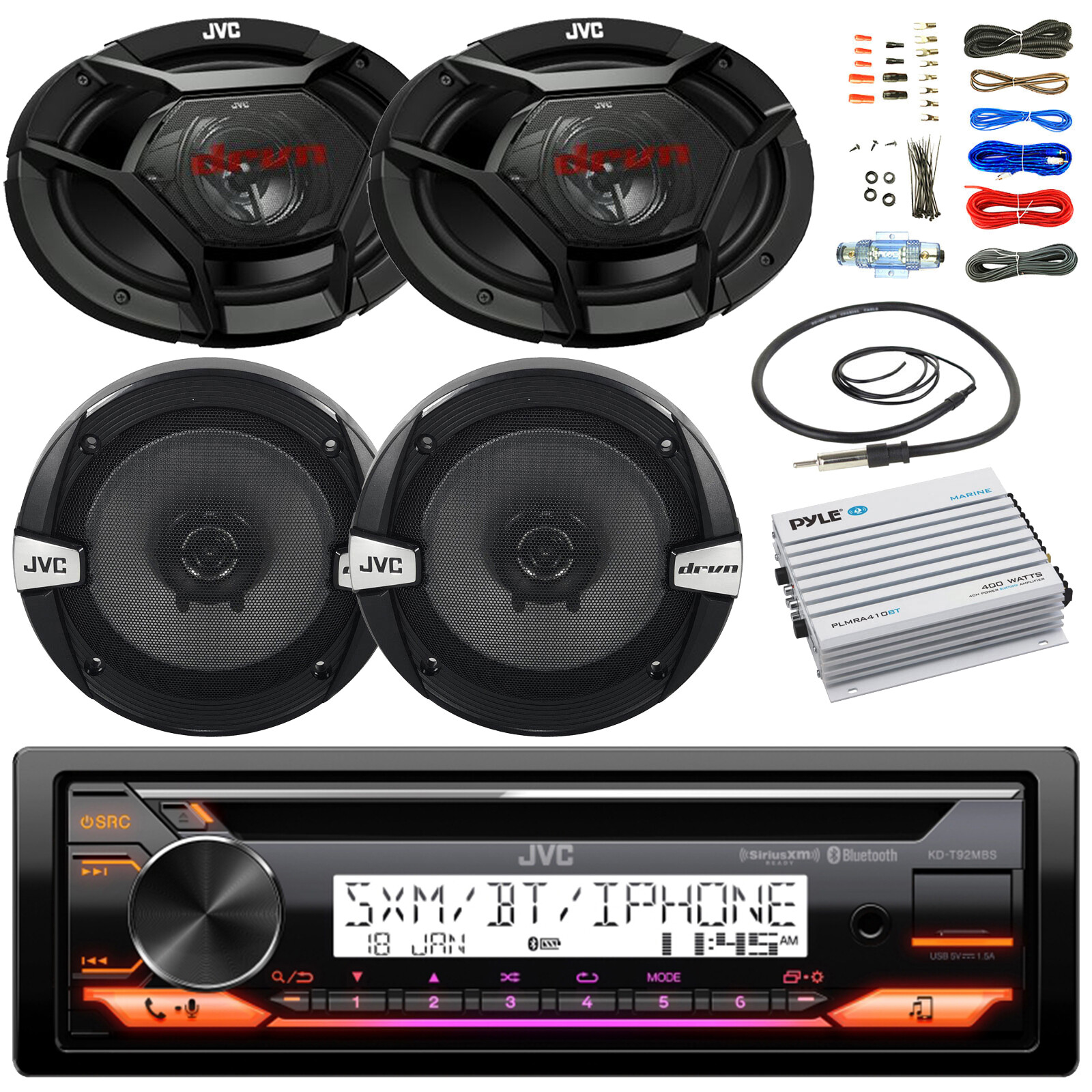 JVC KD-T92MBS CD Receiver, 2x 6.5″ Speaker, 2x 6×9″ Speaker, Amp w/Kit, Extras
