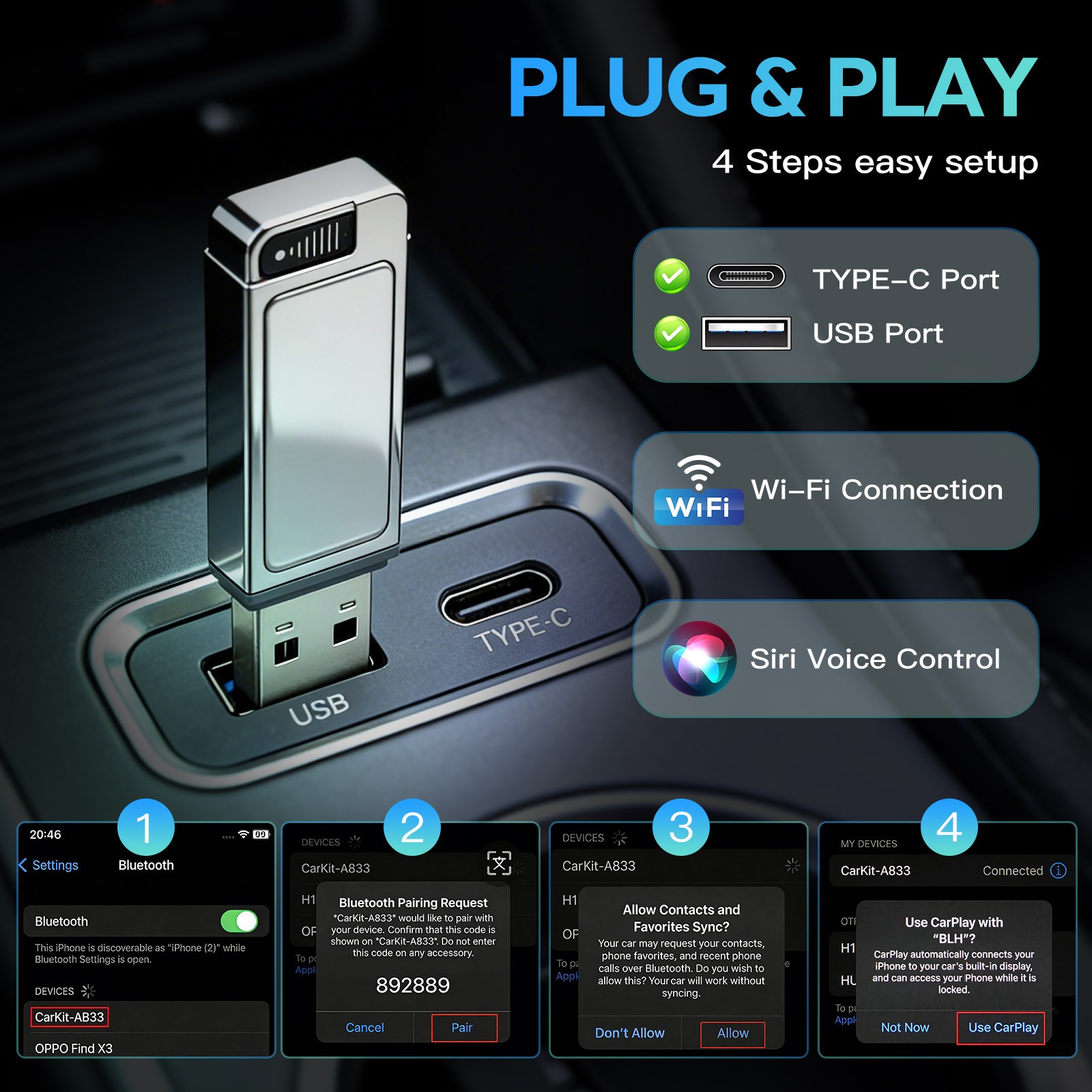 ANDREAM 2-in-1 Wired to Wireless CarPlay & Android Auto Adapter, Plug & Play