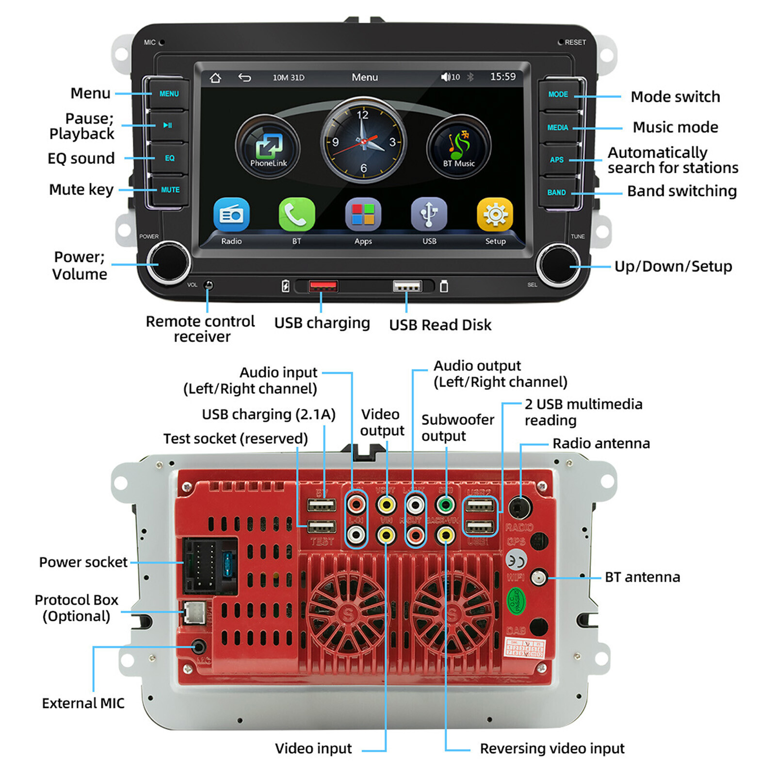 7″ Volkswagen Car Bluetooth Radio Car MP5 Player Wireless Carplay + 4 LED Camera