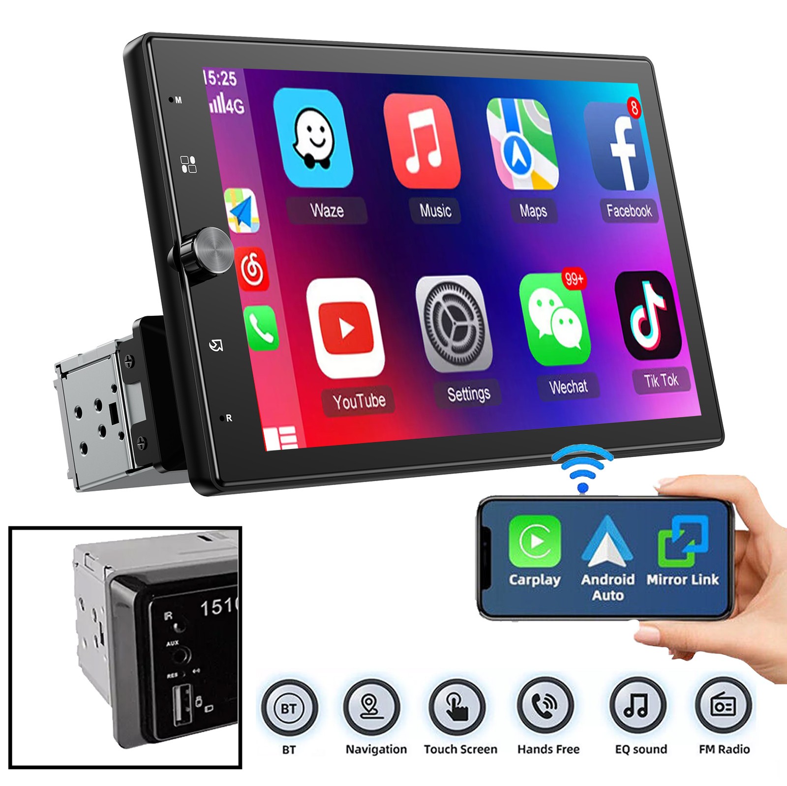 Single 1 DIN 10″ Car Stereo Radio Rotatable Wireless Apple CarPlay Android Auto