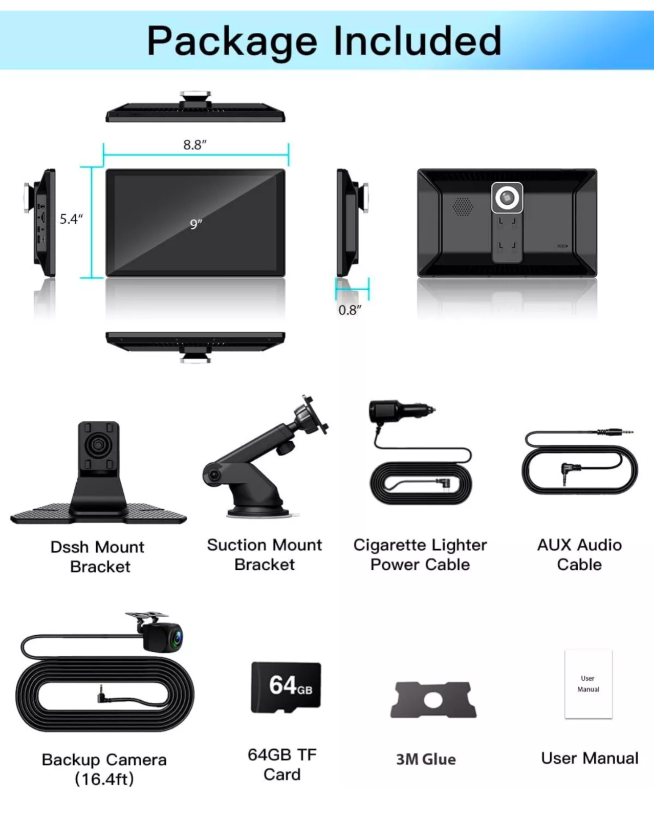 LAVIAY Dash Mount 9″ Touchscreen Car Stereo with Dual Cameras + Backup Cam