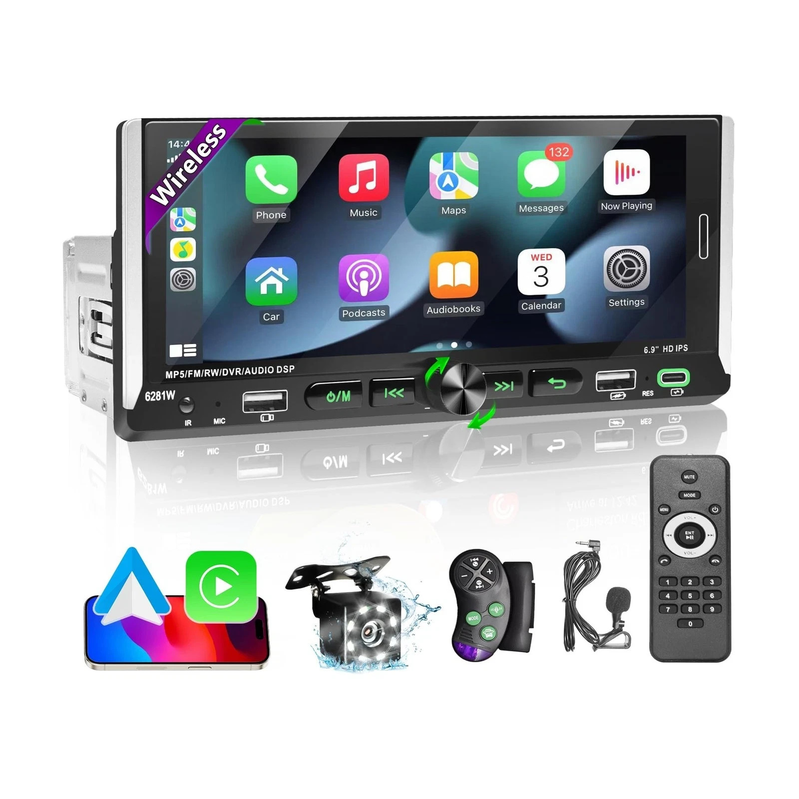 6.9″ Wireless CarPlay Single Din Car Stereo, G+G HD IPS Single Din Touchscree…