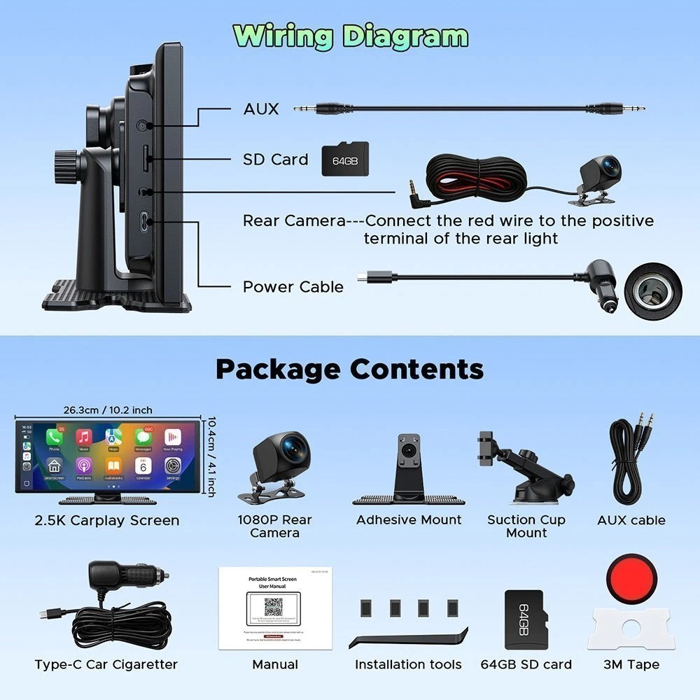 11.26″ 2.5K Dash Cam Car Stereo Radio Apple Carplay&Android Auto GPS+Rear Camera
