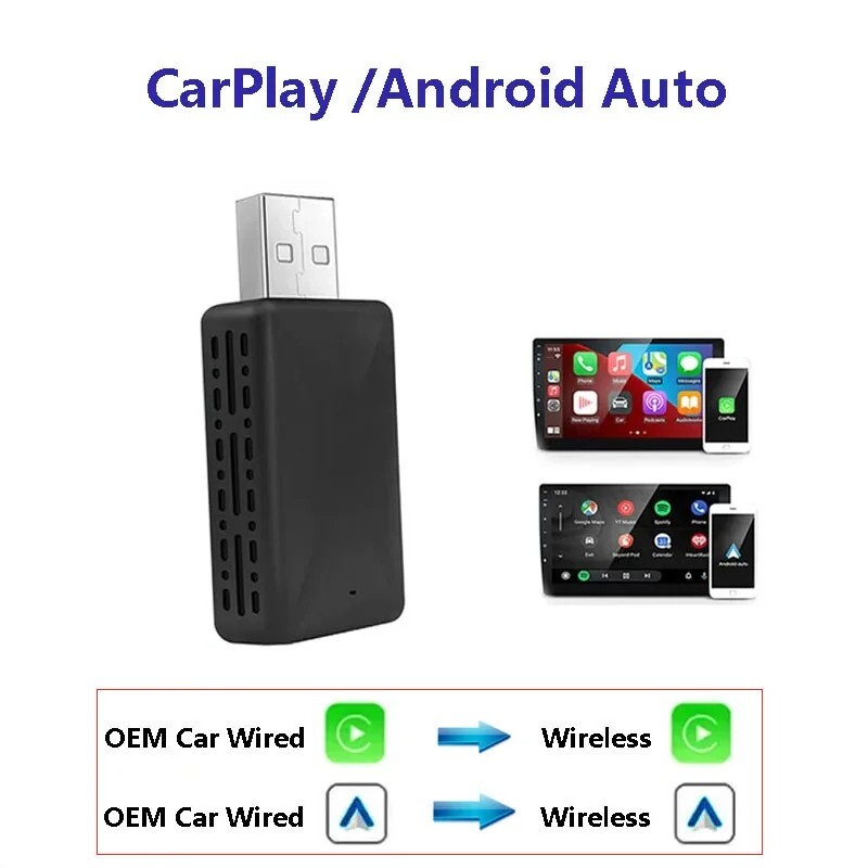 Wired to Wireless CarPlay Android Auto Adapter for OEM Car Stereo With USB Plug