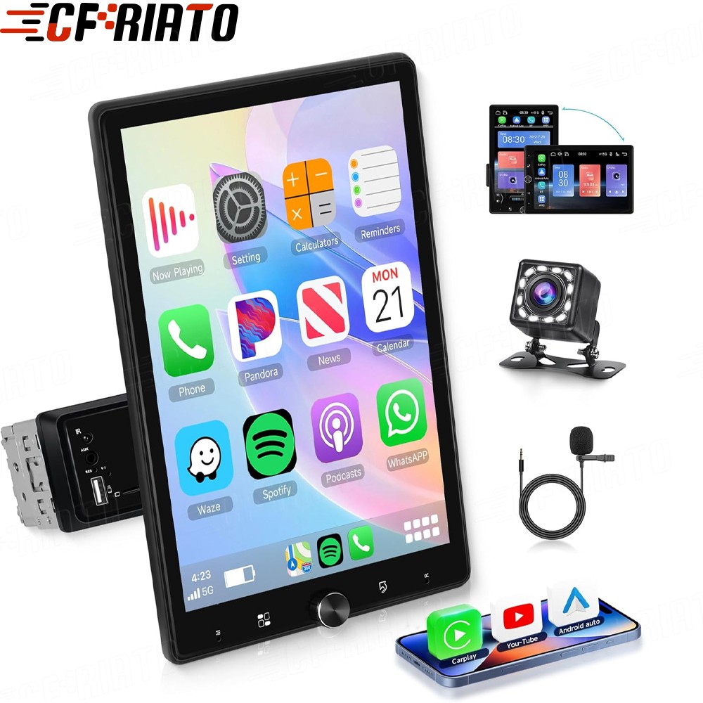 10.4″ Single 1DIN Wireless Apple CarPlay Car Stereo Rotatable Touch Screen Radio