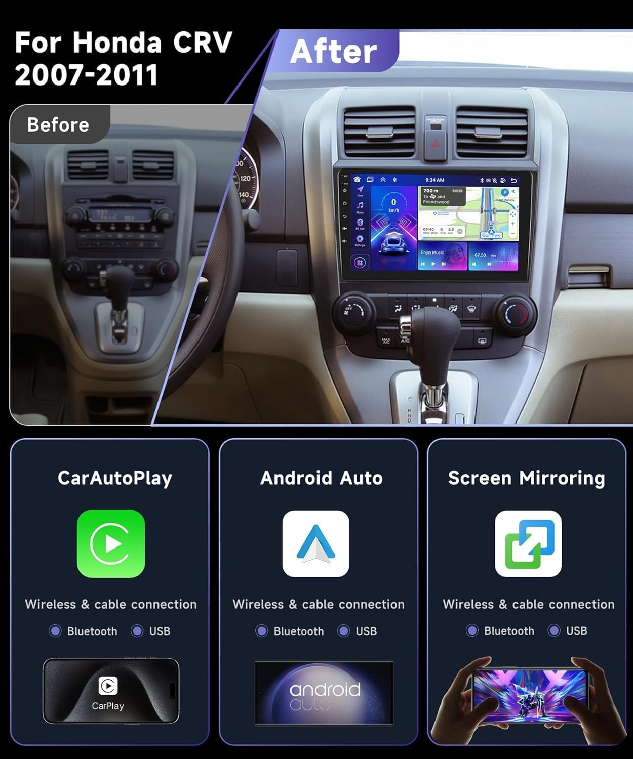 8Core Carplay Auto Car Radio Stereo Navi 1280*800 FM AM for 2007-2011 Honda CRV