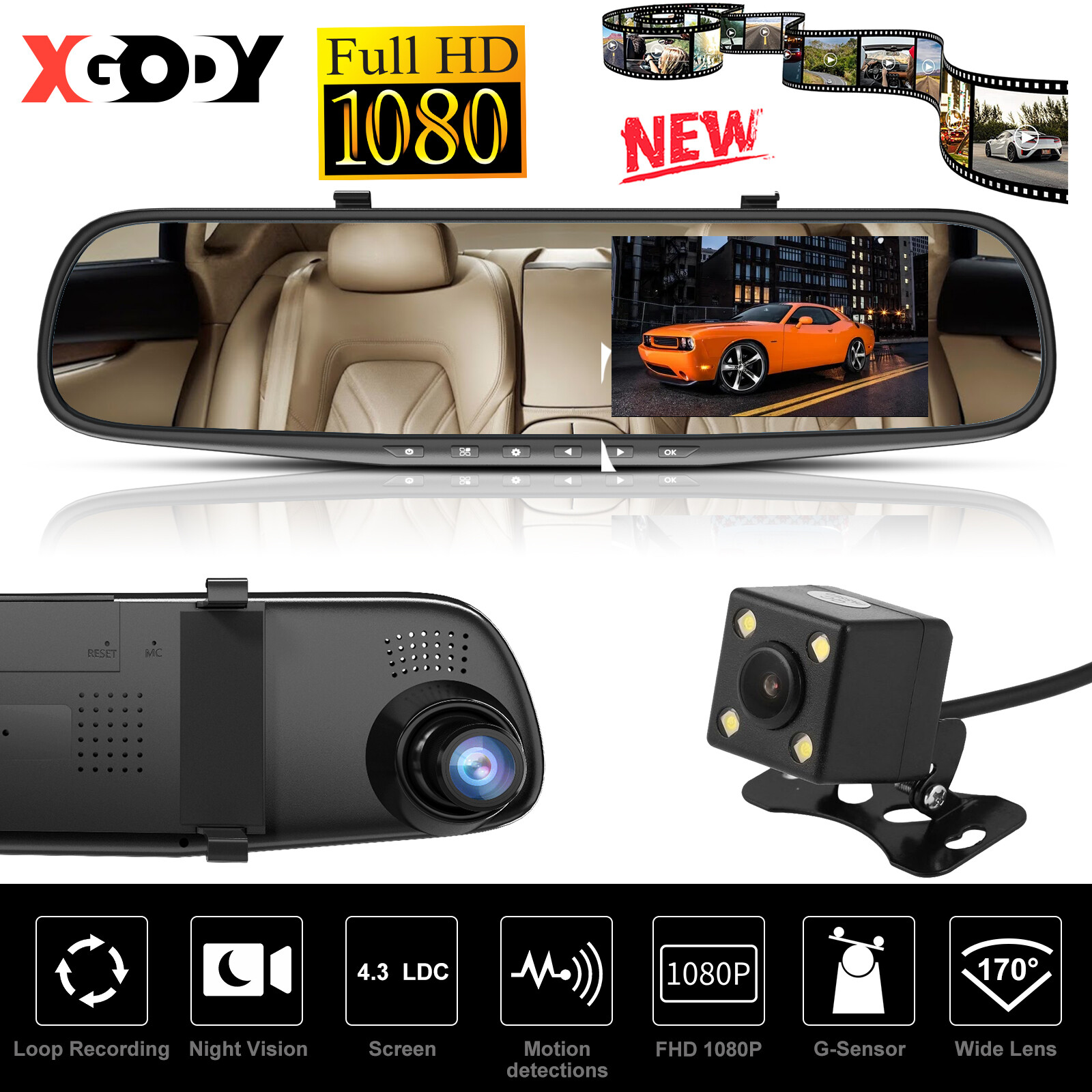 4.3″ Backup Camera Mirror Car Rear View Reverse Night Vision Parking System Kit