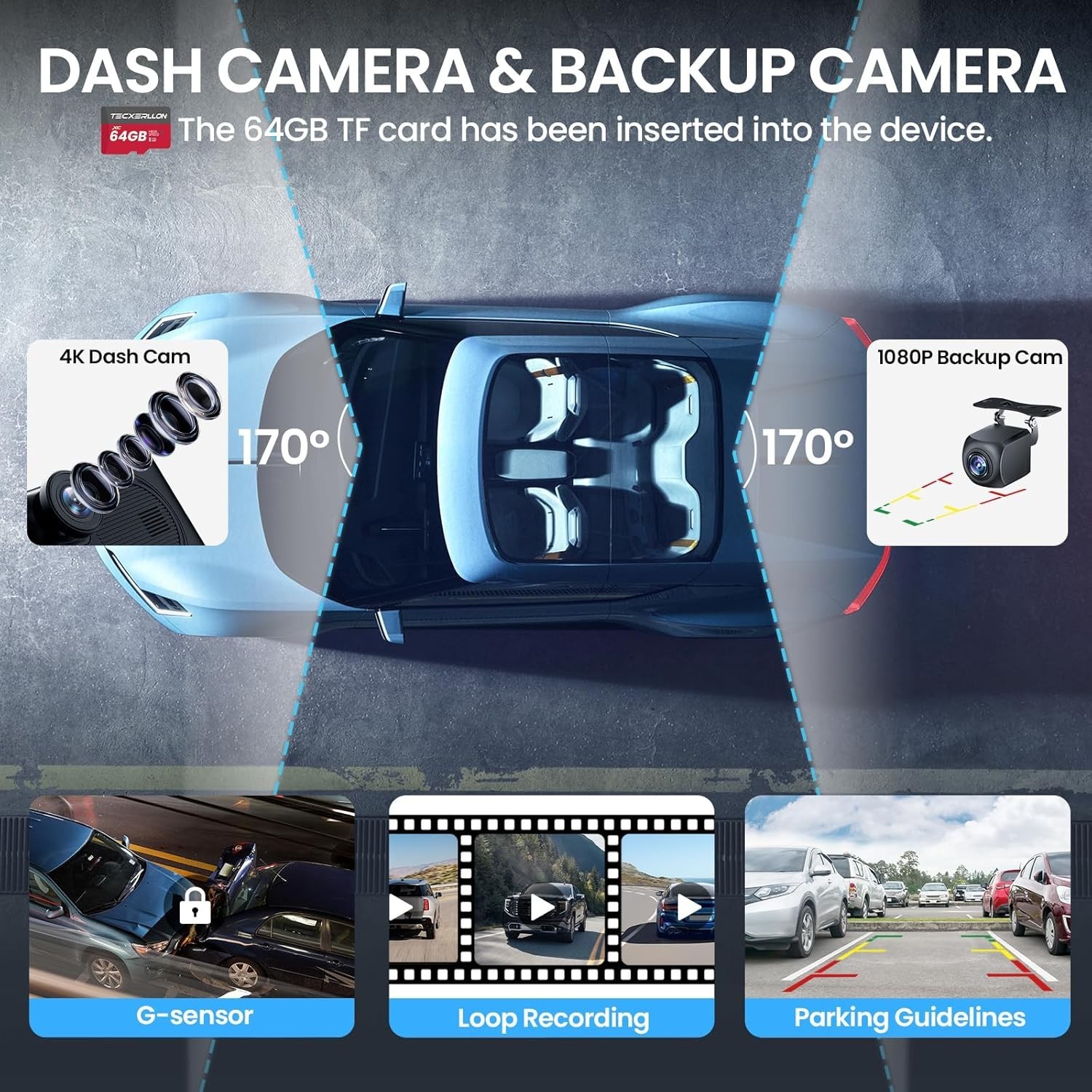10.26” Wireless Carplay Screen for Car with 4K Dash Cam & 1080P Backup Black