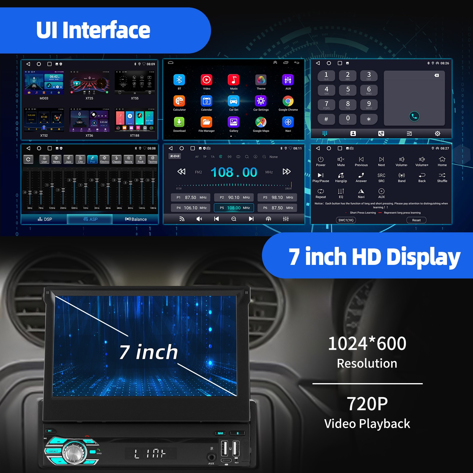 Android 15 4+64GB 1 DIN Car Radio Stereo 7″ Flip Out Touch Screen Carplay GPS BT