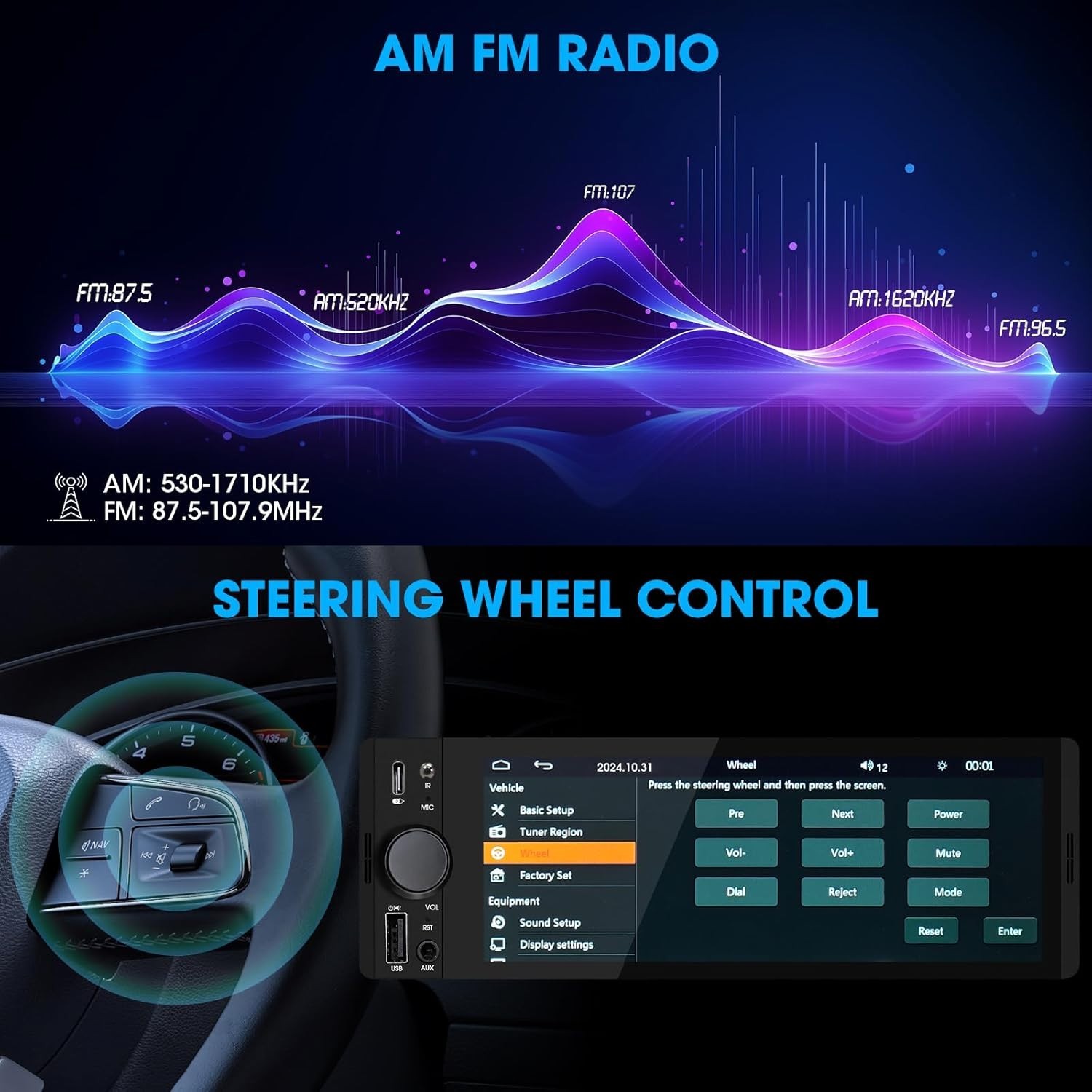 Bluetooth 5.3 Single DIN Car Stereo – CarPlay, Android Auto & Voice Control