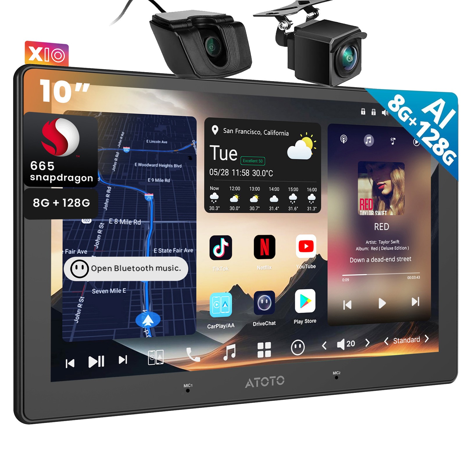 ATOTO X10 Android Head Unit dashcam safety monitor GPS playback AI vision 8+128G