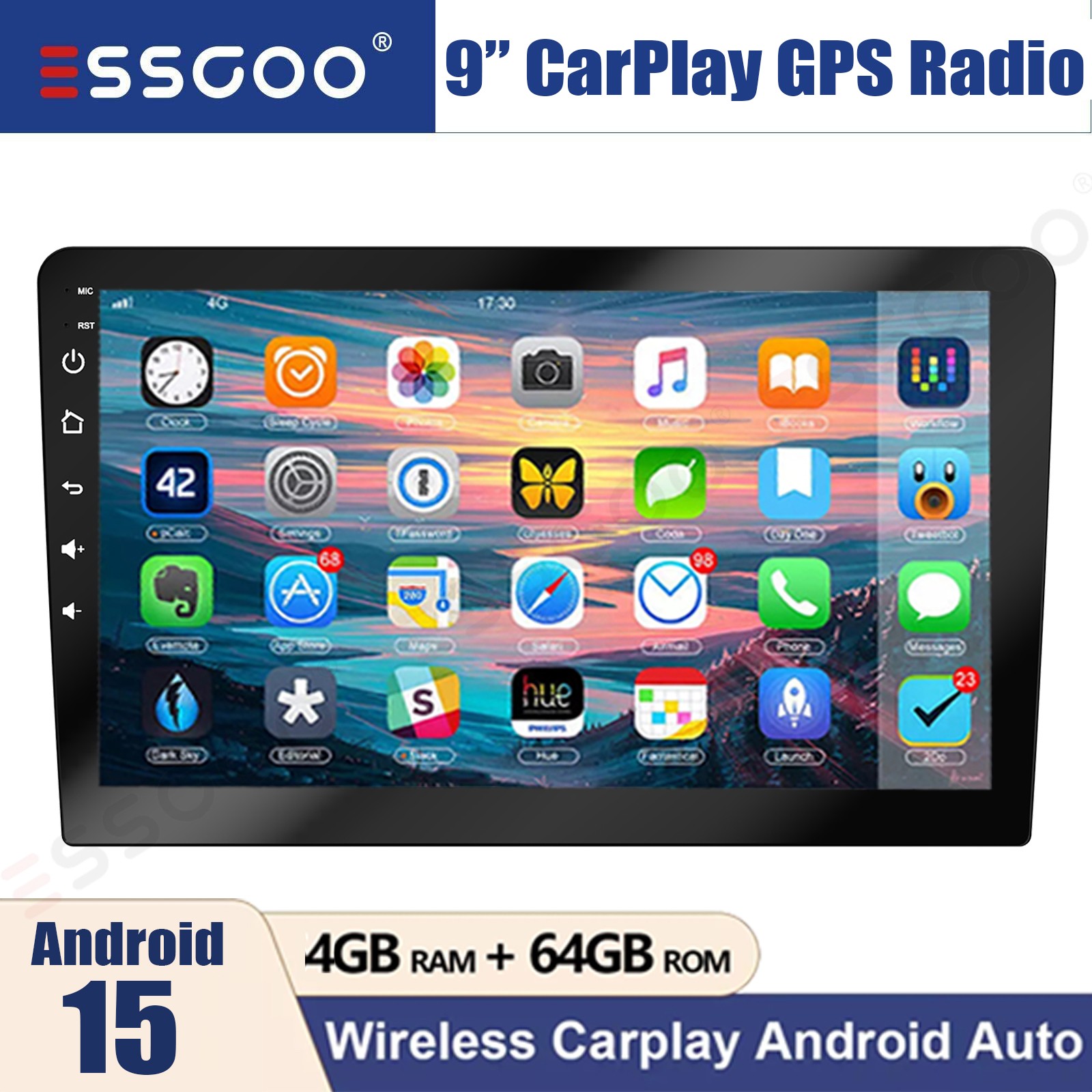 9 Inch Double 2Din Carplay 4+64GB Car Stereo Radio Android 15 GPS Wifi FM BT SWC