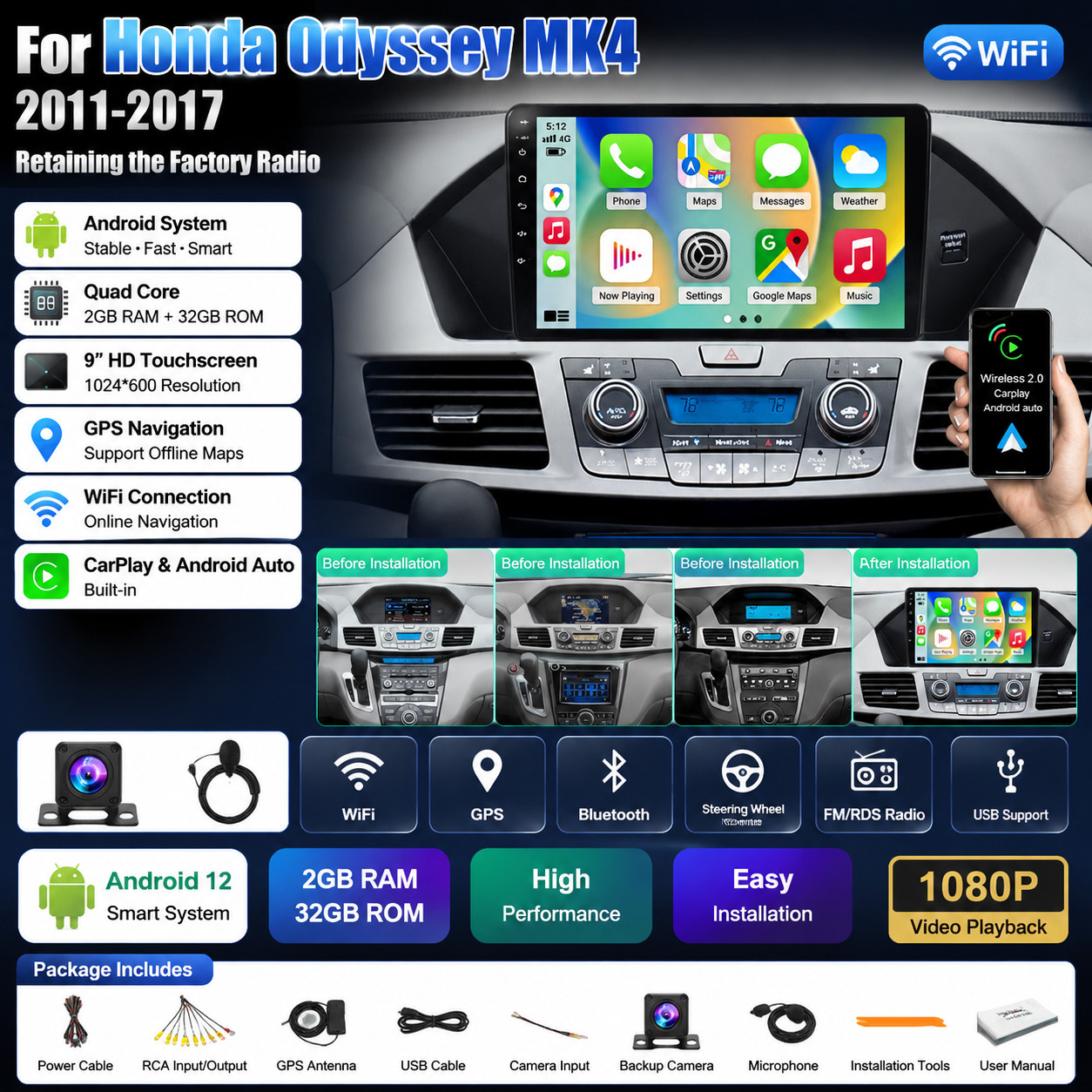 Carplay For 2011-2017 Honda Odyssey Radio GPS Navigation Bluetooth w/Cam
