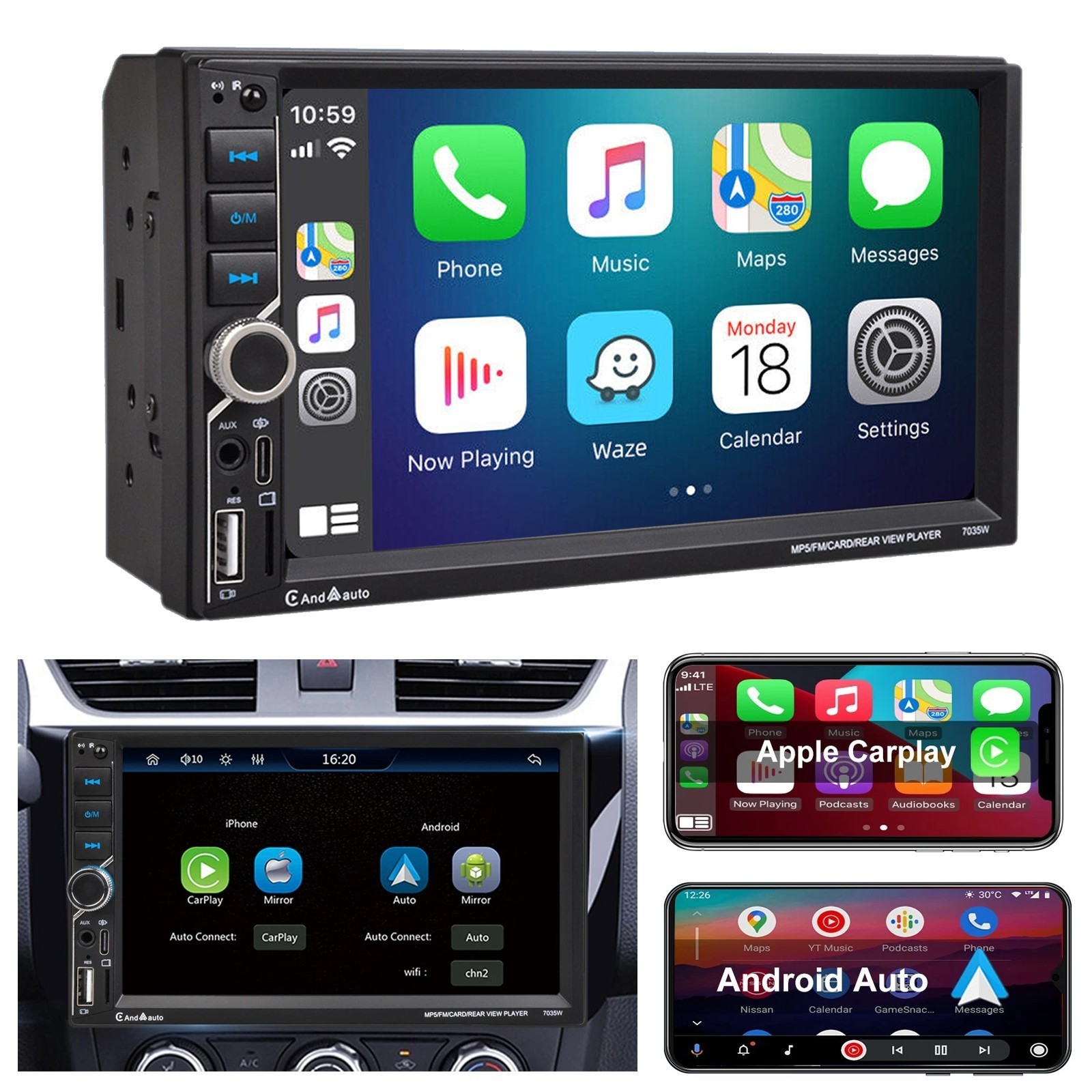 7in 2 Din Car Stereo Apple CarPlay & Android Auto Radio Bluetooth USB/Type-C FM