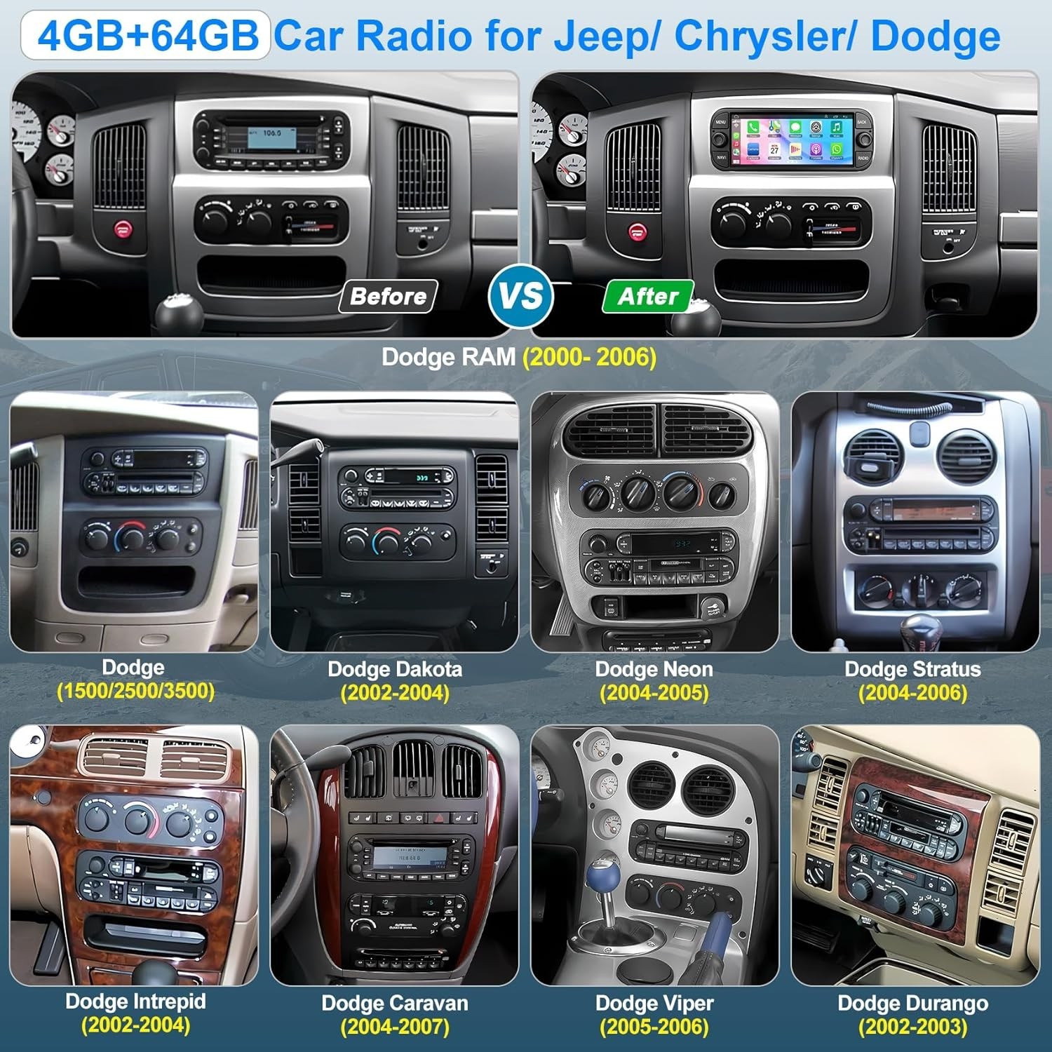 6.8″ 8Core 4+64G Android Auto Carplay 2001-2007 Dodge RAM Jeep Wrangler Chrysler